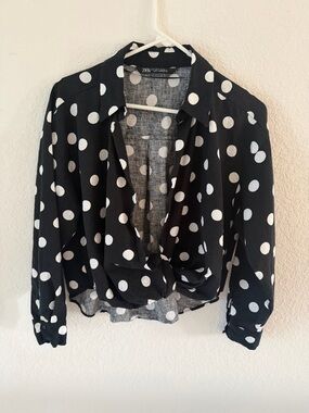 Zara Woman Black & White Polka Dot Twist Front Linen Blend Blouse - Size M